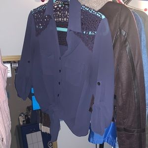 Navy Blue Button Up Long Sleeve Shirt with Crochet